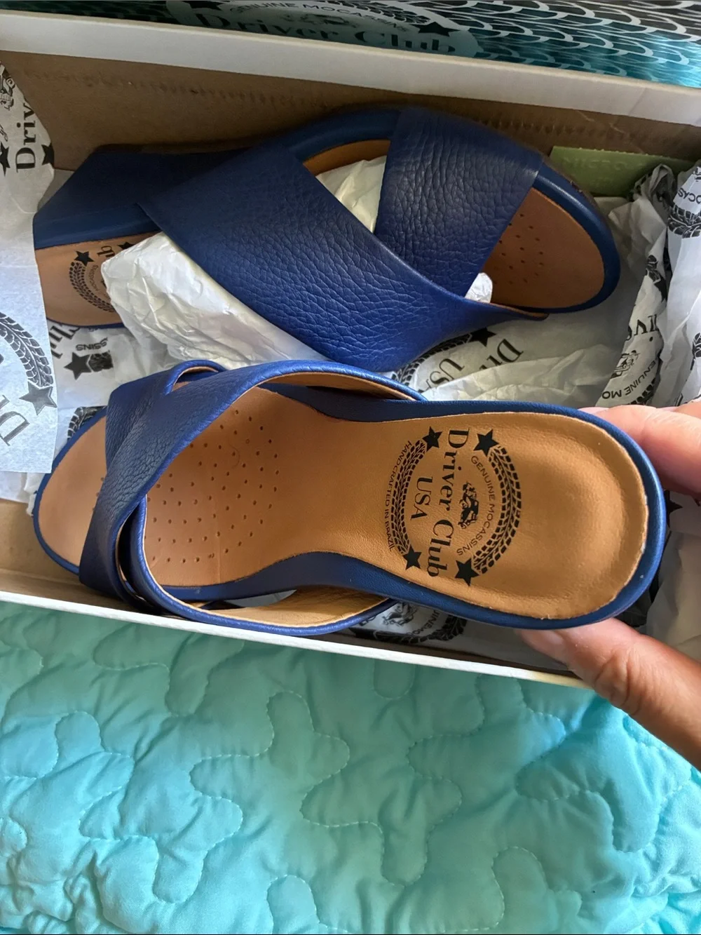Driver Club USA Navy Leather Crisscross Wedge Sandals.